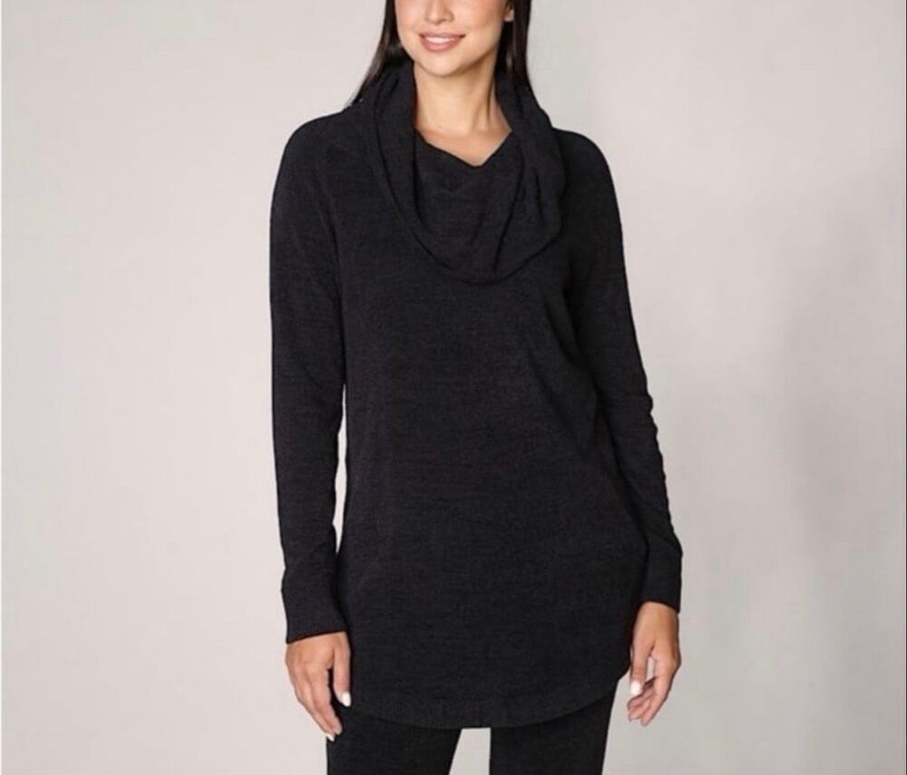 Barefoot Dreams CozyChic Ultra Lite Coastal Cowl Neck Tunic Sweater Black L NWT